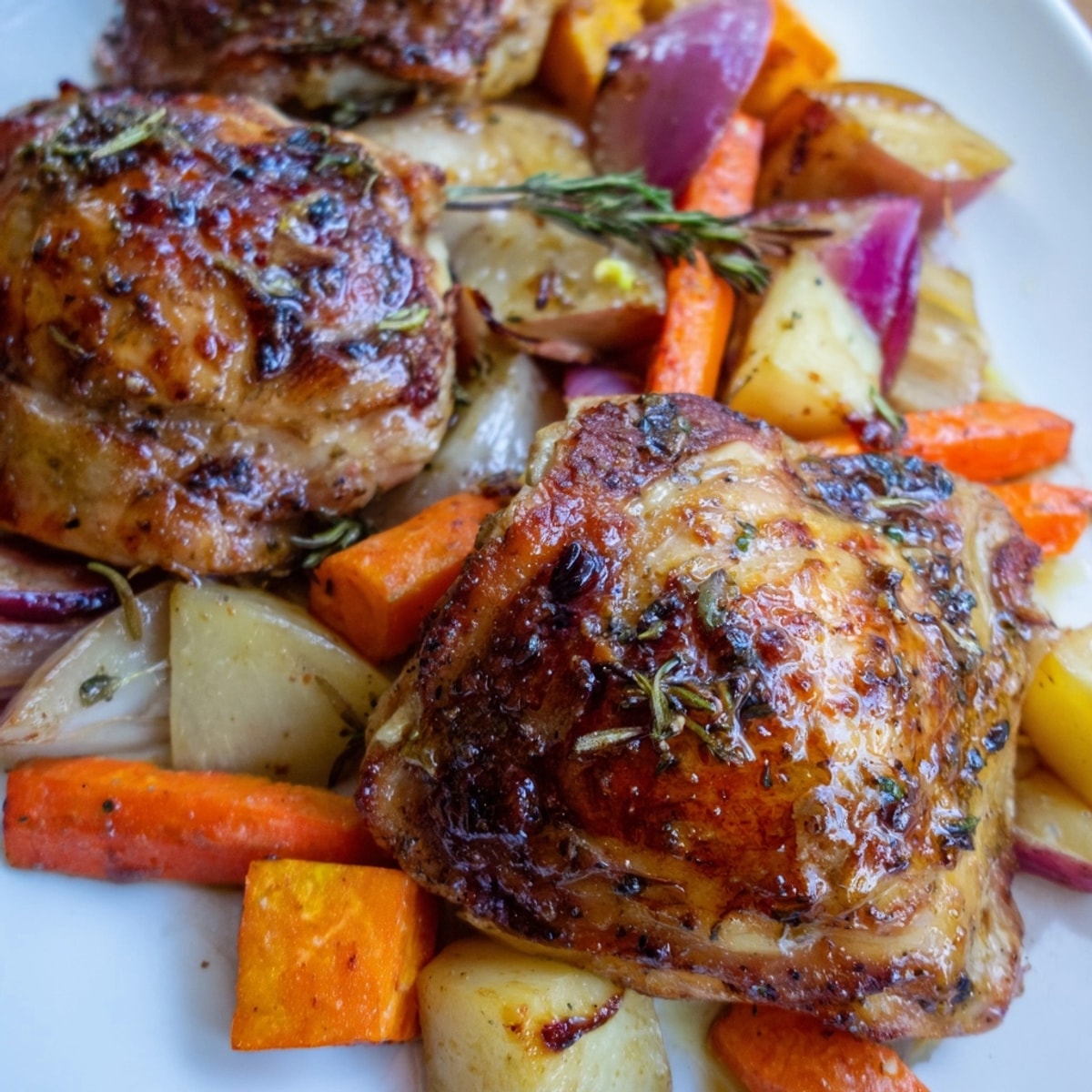 Golden Honey-Glazed Chicken with Roasted Root Vegetables: a flavorful main dish bubbling in the pan.
