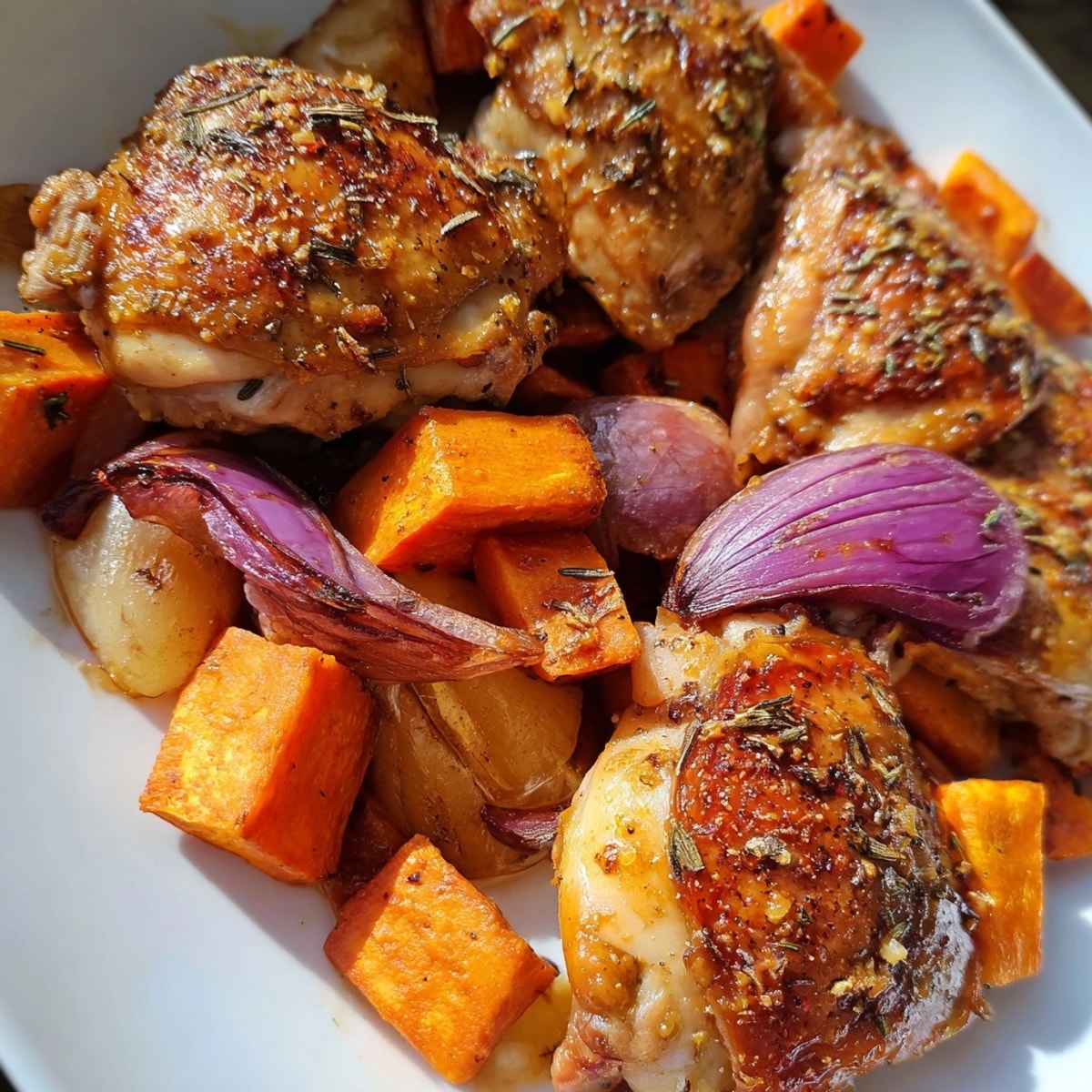 Tender Honey-Glazed Chicken with Roasted Root Vegetables served family-style, ideal for Sunday supper.