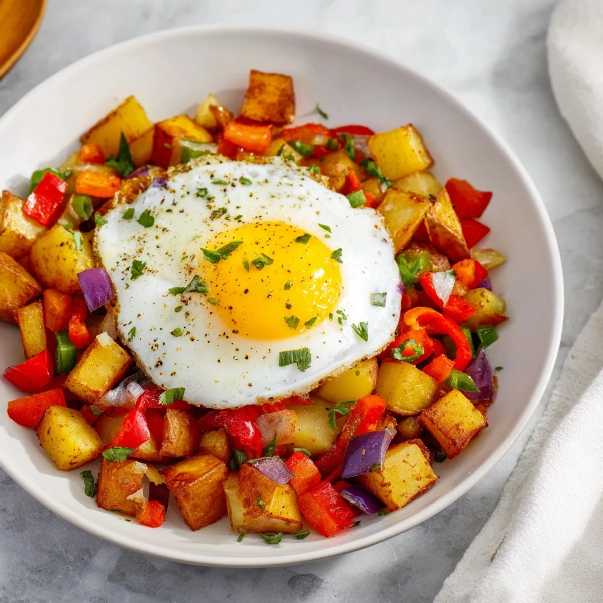 Golden potatoes and eggs sizzle in this Simple Skillet Egg and Potato Hash, a delightful American breakfast.