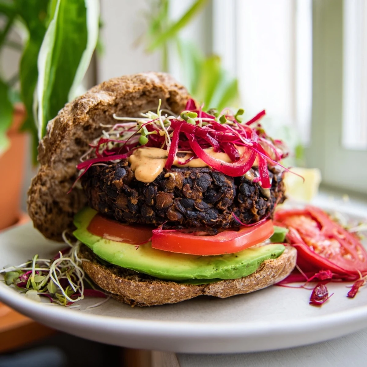 Close-up of a plated Zesty Black Bean Burger with creamy avocado and fresh tomato slices.