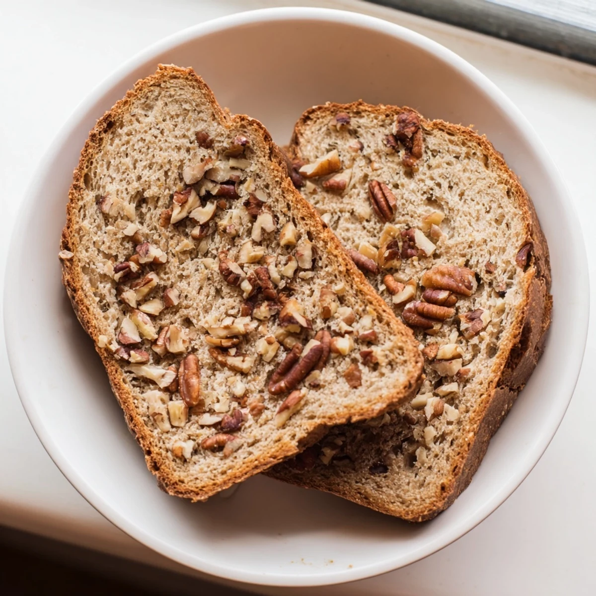 Golden, crusty Nutty Whole Wheat Loaf Bread with a soft interior, perfect for toasting.