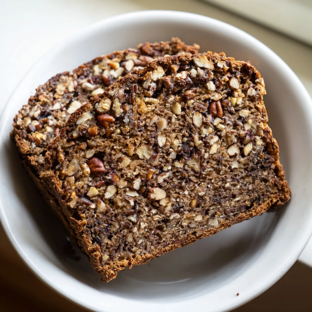 A close-up of a freshly baked Nutty Whole Wheat Loaf Bread, showcasing varied nut pieces.