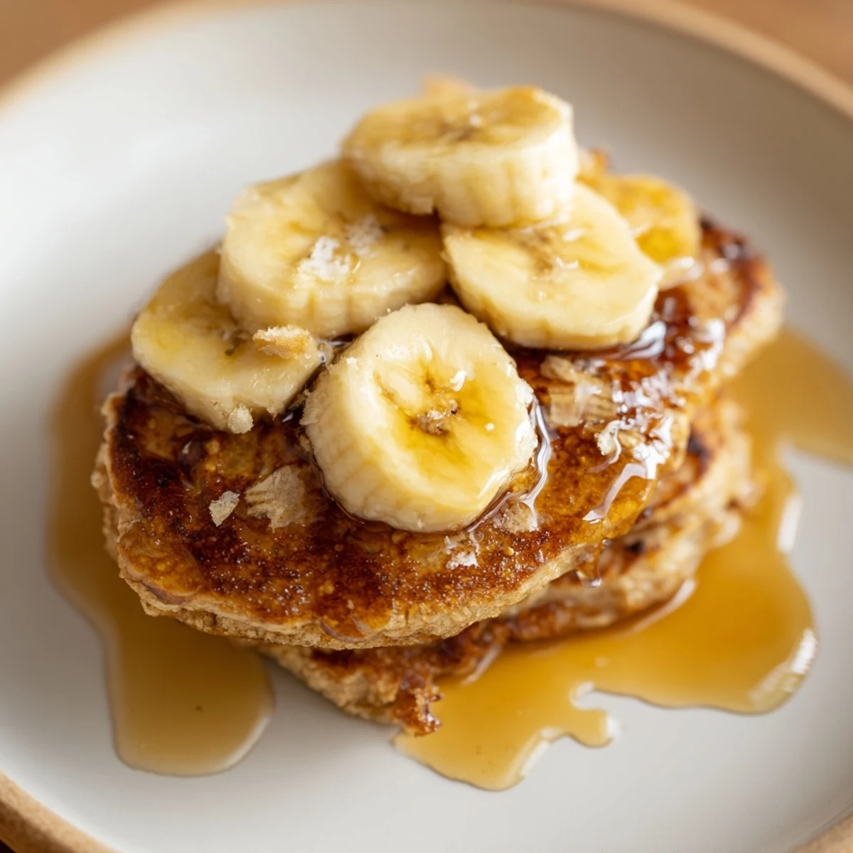 Golden-brunch banana pancakes, stacked high, drizzled with warm maple syrup, perfect for a cozy weekend.