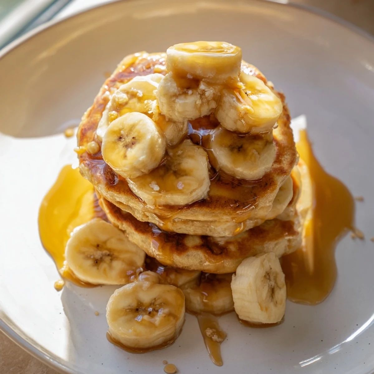 Fluffy banana pancakes, golden brown and delicious, ready for a generous drizzle of maple syrup and sliced banana.