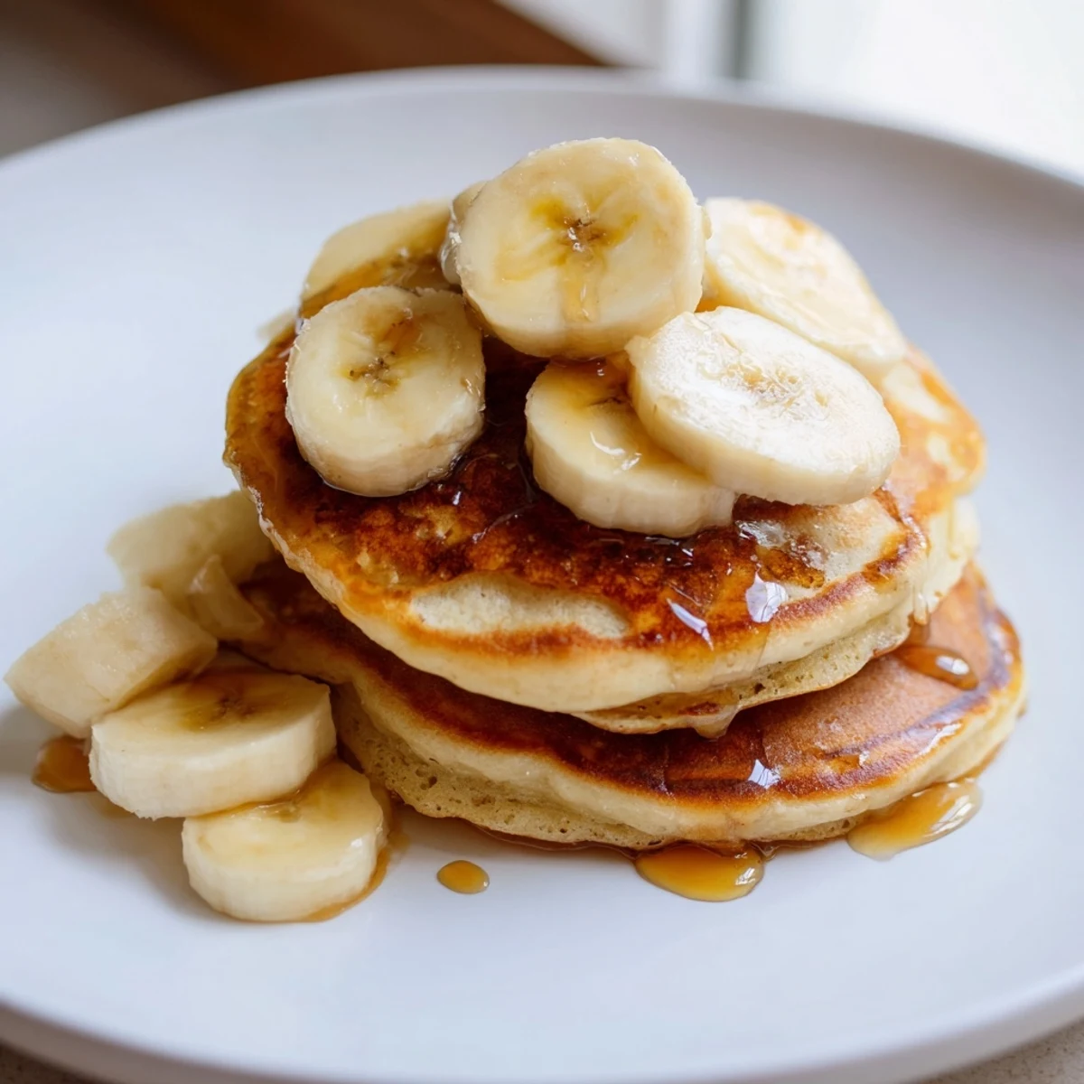 Warm and inviting photo of golden-brunch banana pancakes served with syrup and banana slices, a perfect brunch.