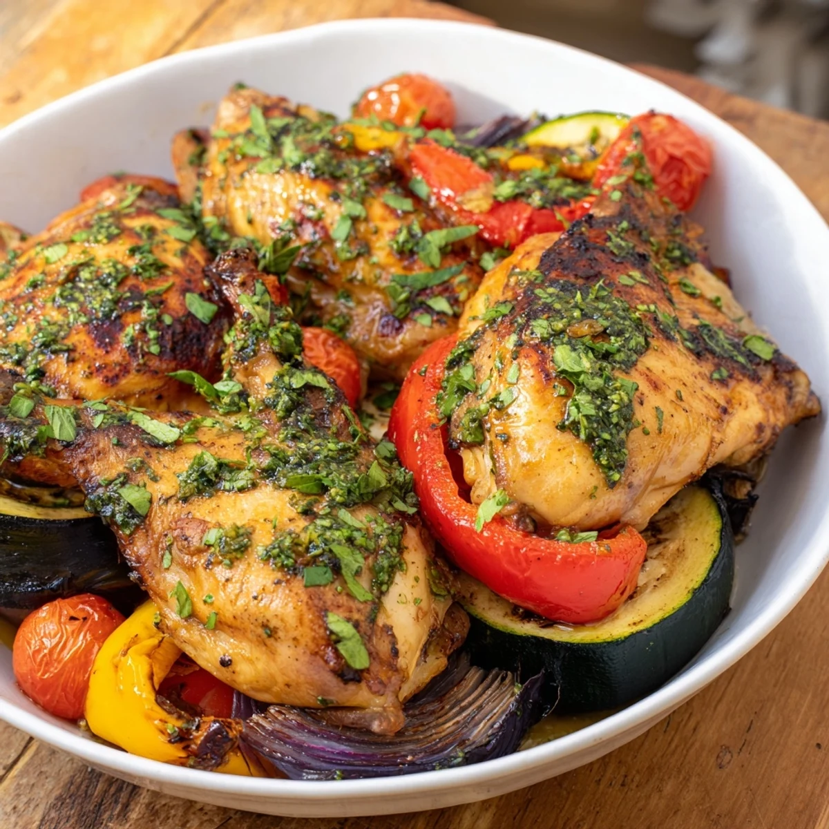 Golden roasted Basil-Soft Chicken and Veggie Sheet Pan Dinner with glistening vegetables and perfectly cooked chicken.