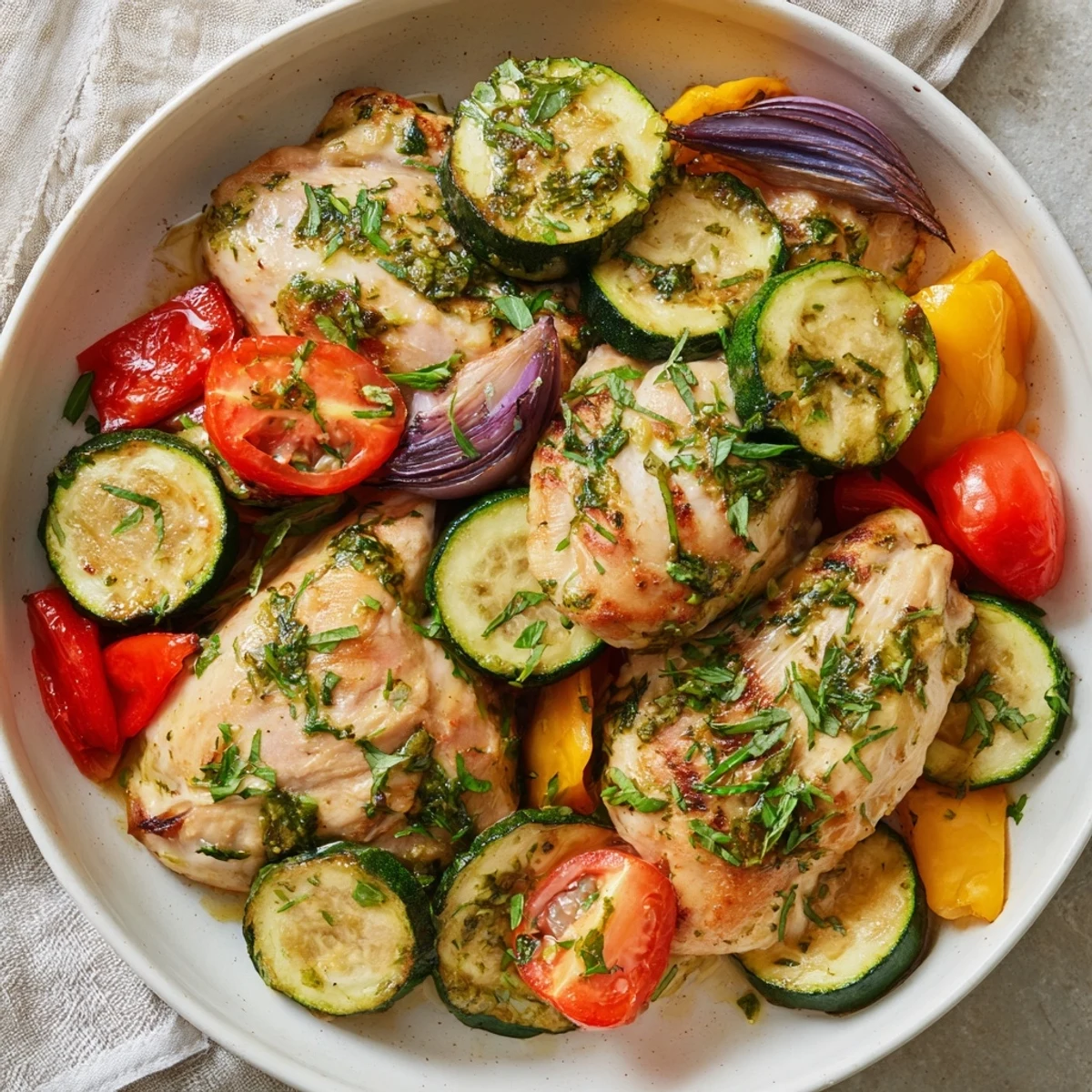 A close-up shot of a healthy Basil-Soft Chicken and Veggie Sheet Pan Dinner, ready to be served hot.