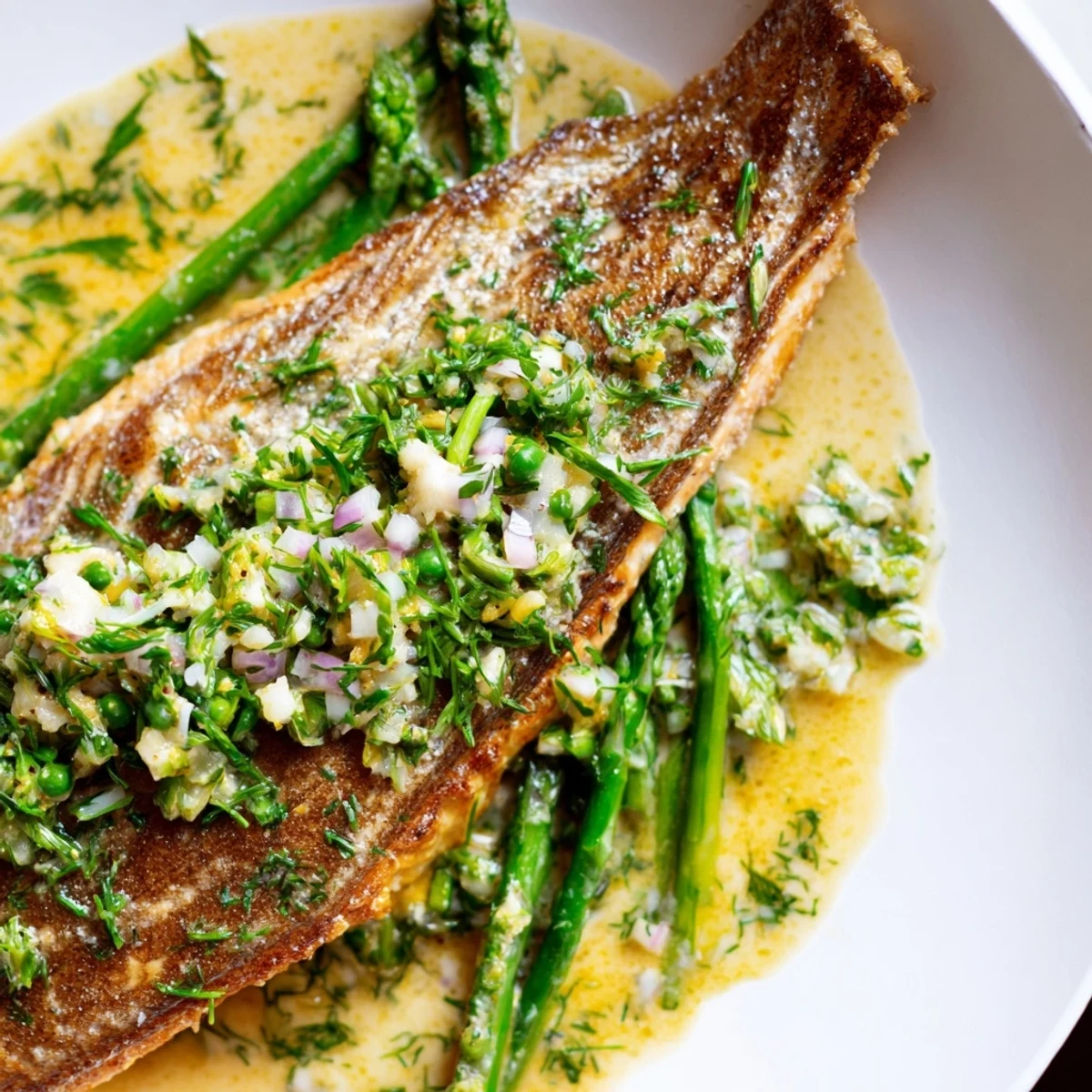 Skillet Lemon-Butter Salmon, glistening, is served atop vibrant green asparagus with lemon slices.