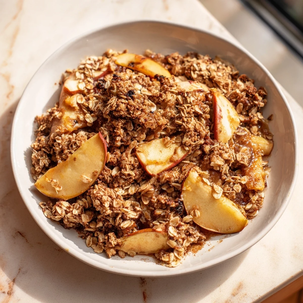 Aromatic warm rustic apple and cinnamon crumble, baked to golden perfection with a buttery oat topping.