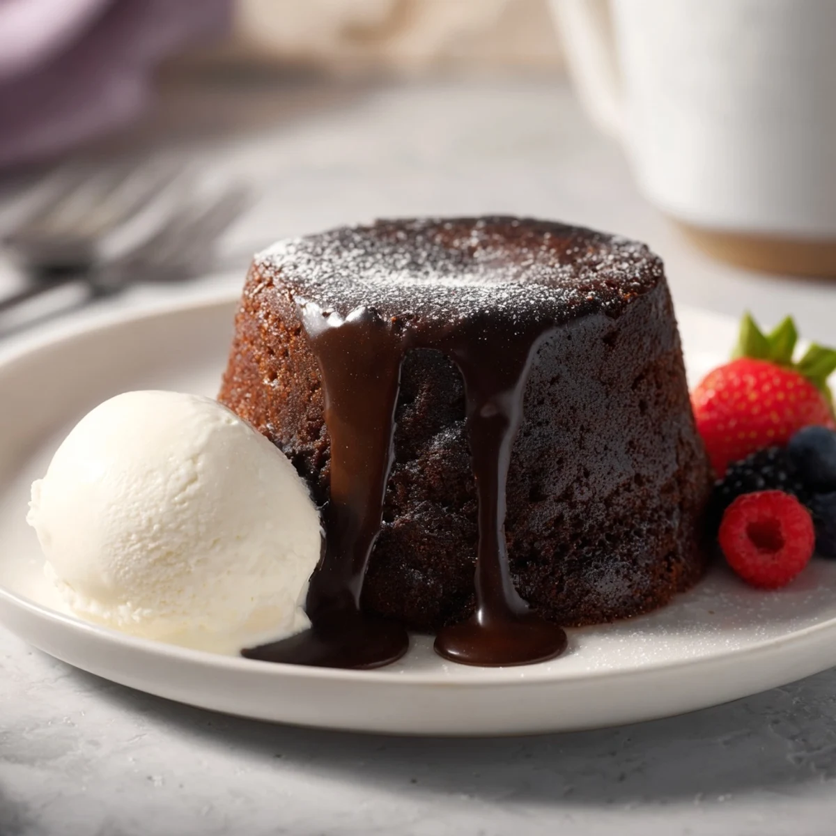 Molten dark chocolate lava cakes, warm and decadent, ready to serve with vanilla ice cream.
