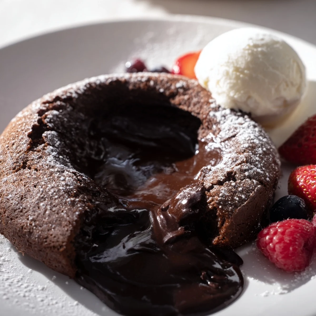 Freshly baked dark chocolate lava cakes, dusted with powdered sugar, offering a rich dessert flavor.