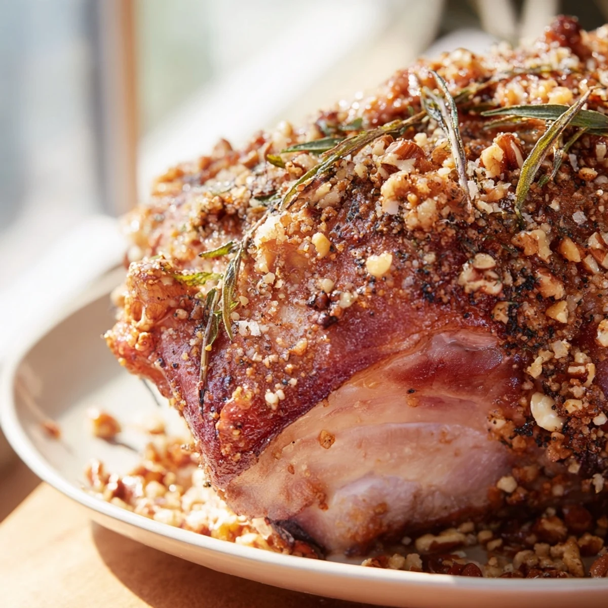 Sliced Thyme and Pecan Crusted Pork Tenderloin, showcasing a juicy interior, ready to serve and eat.