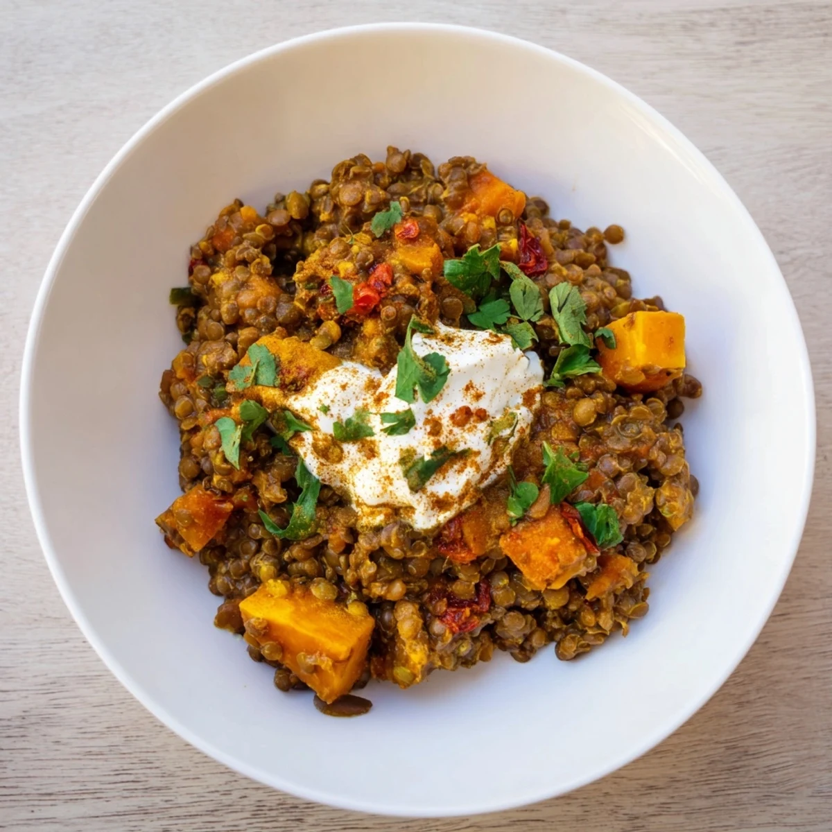 A steaming bowl of Wheat-Warm Hearty Lentil Curry, garnished with fresh cilantro, ready to be enjoyed.