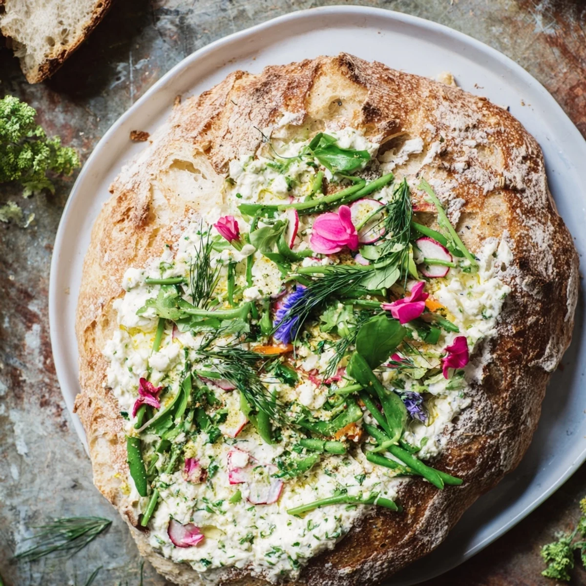 Fresh meadow-inspired garden vegetable tartines, vibrant with colorful, thinly sliced fresh market veggies!