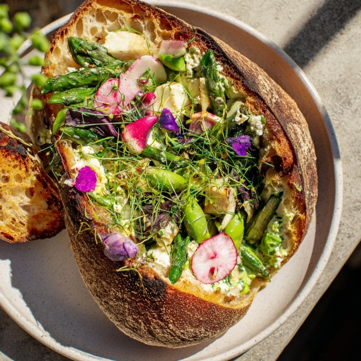 Golden toasted bread layered with creamy herbed cheese and fresh garden vegetable tartines.