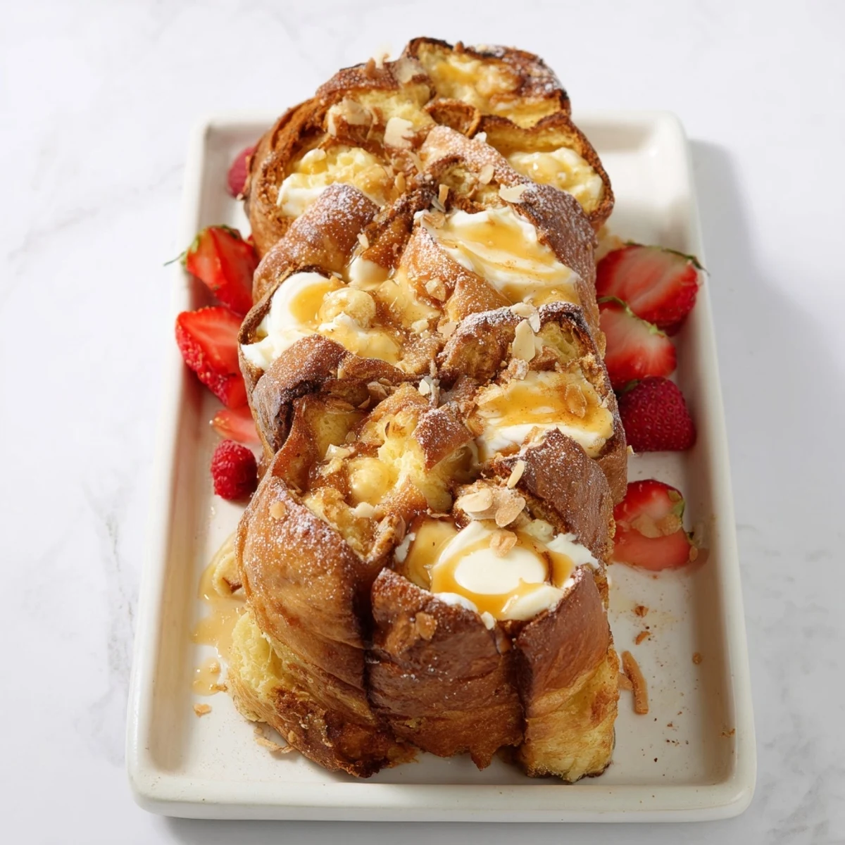 Golden, cinnamon-dusted Soft Spice Baked French Toast Casserole, ready to serve with fresh berries and syrup.