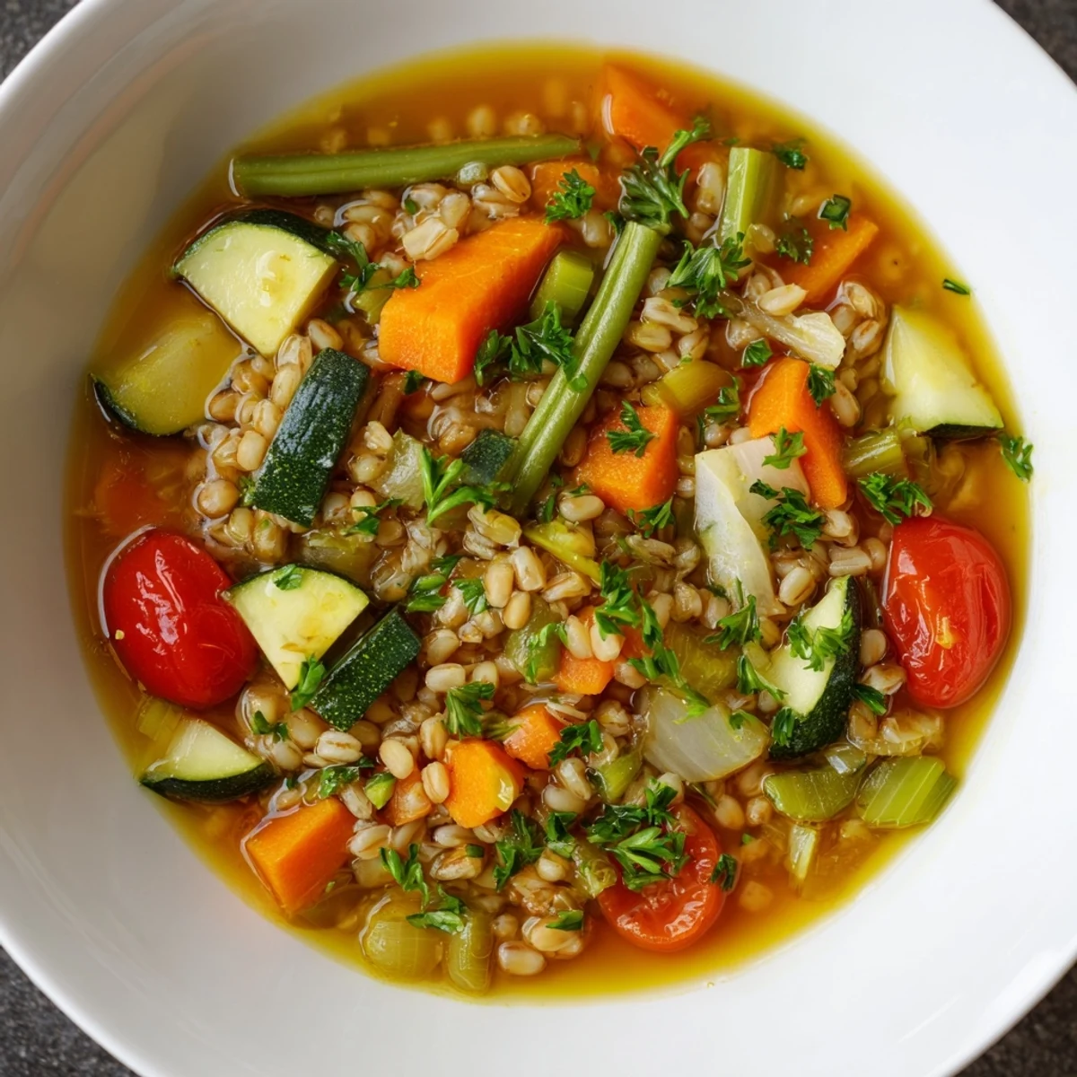 Steaming Simple Homemade Grain and Vegetable Soup, with colorful veggies and herbs ready to eat.
