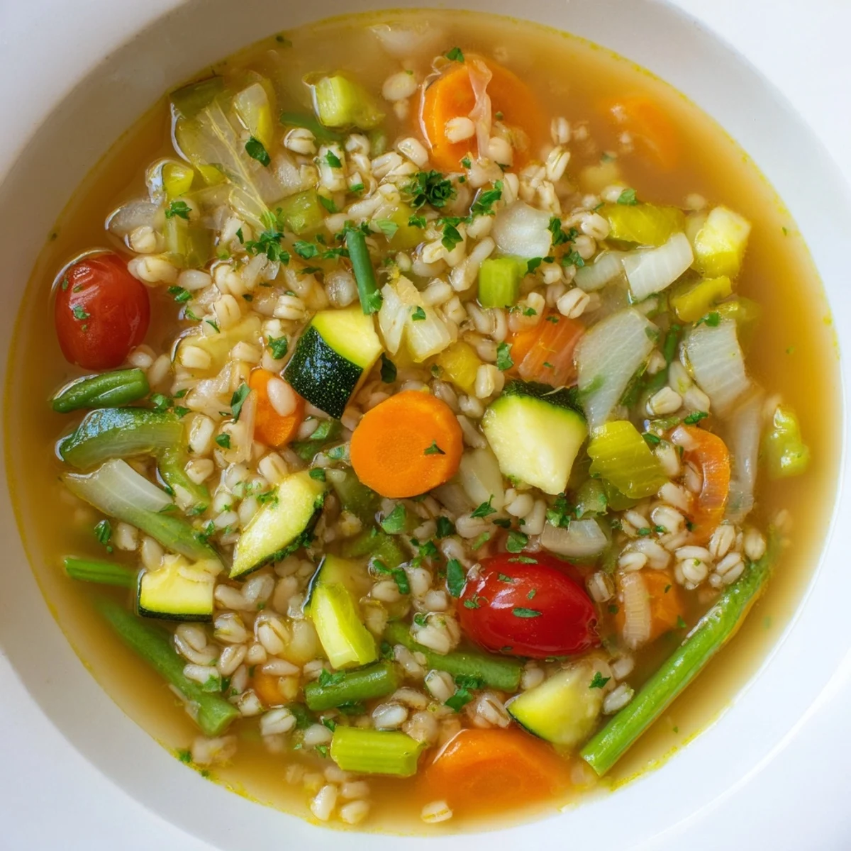 Close-up of Simple Homemade Grain and Vegetable Soup, thick with barley and savory vegetables.