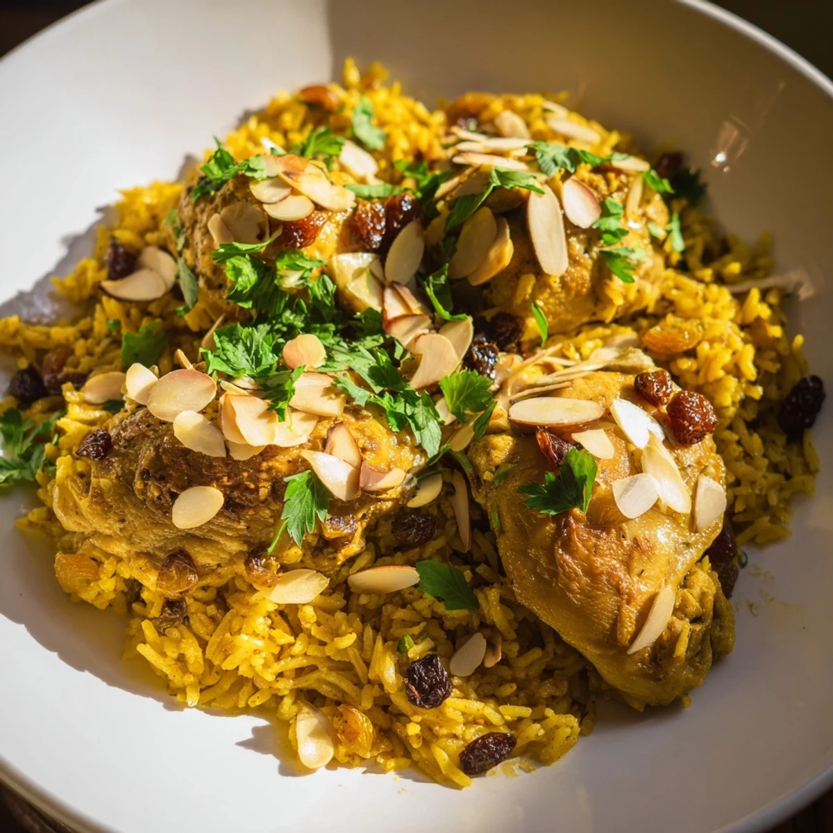 Golden saffron chicken and rice pilaf, a warm, inviting one-pot meal with tender chicken and fluffy rice.