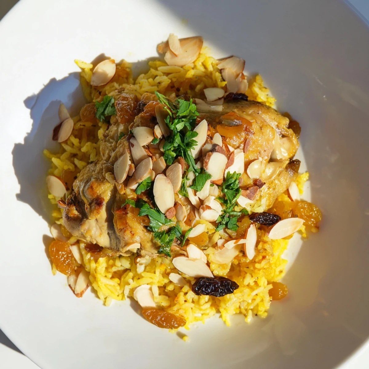 A steaming bowl of saffron chicken and rice pilaf, glistening with herbs and perfectly cooked basmati.