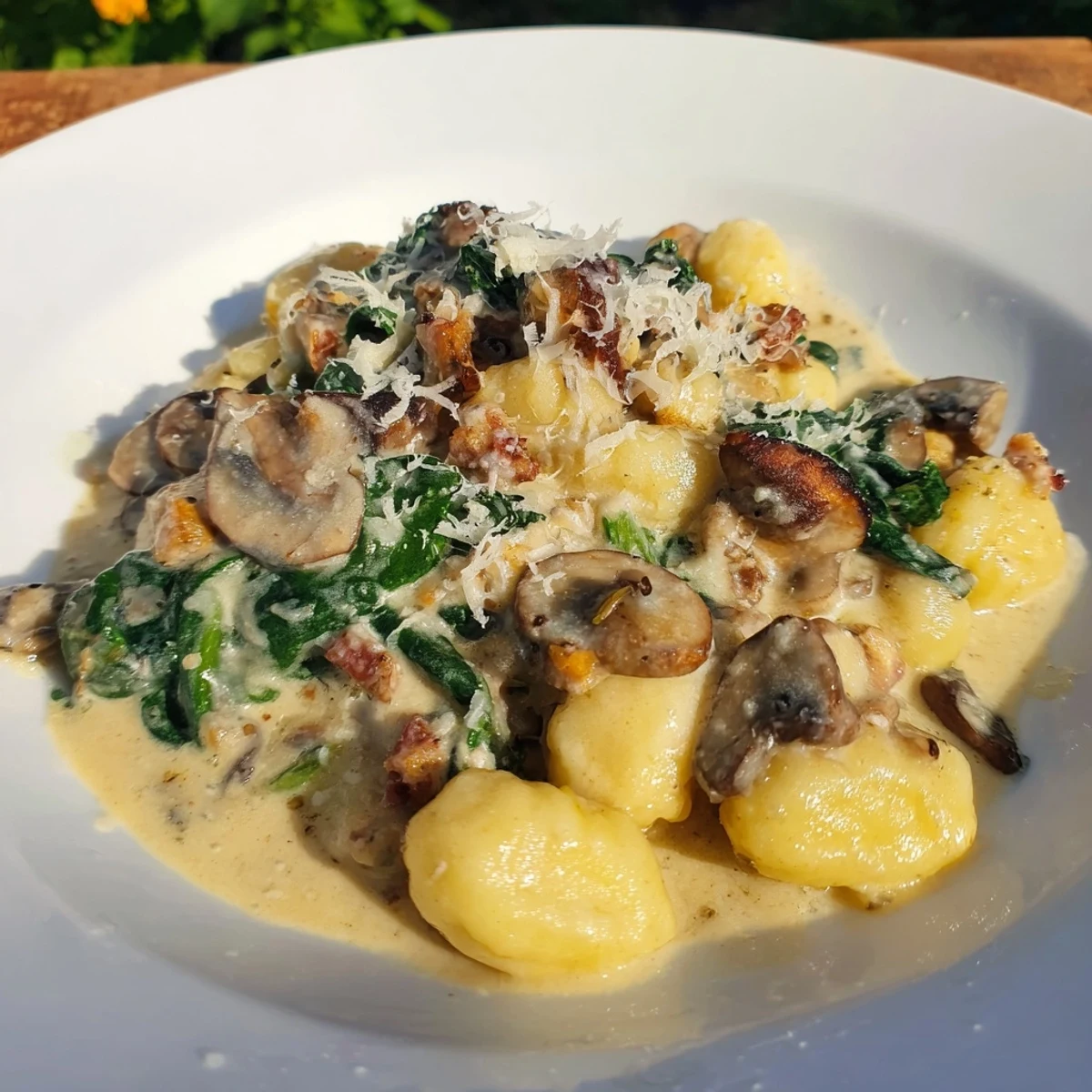 Savory Woodsy Skillet Sausage and Mushroom Gnocchi, a comforting meal with creamy, bubbling sauce and fresh herbs.