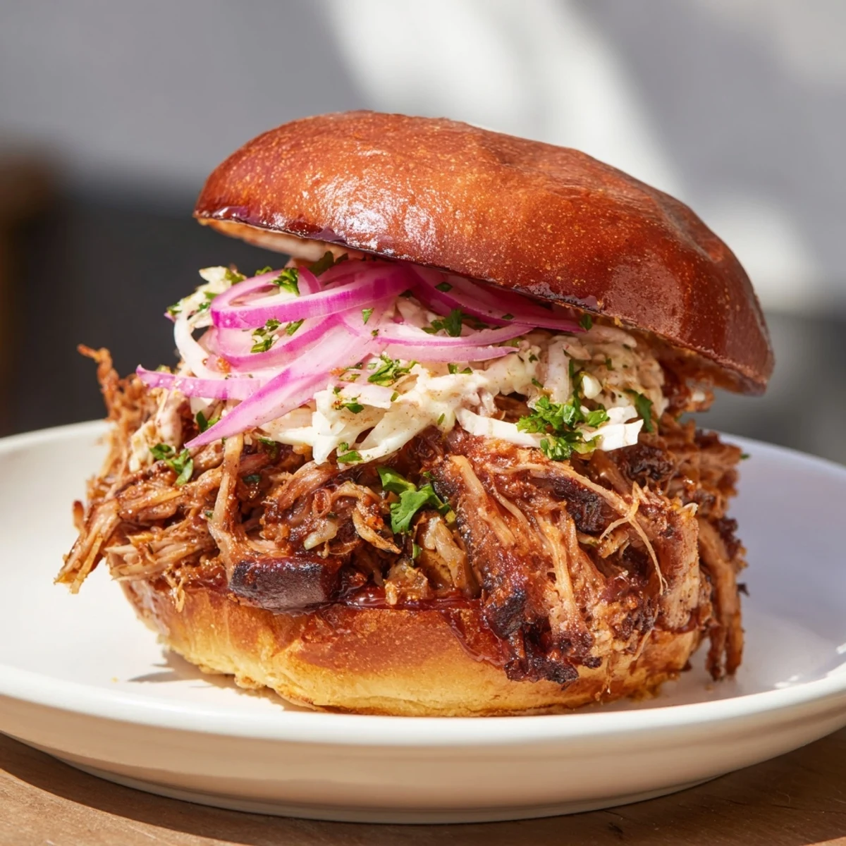 Smoke rising from fire-kissed BBQ pulled pork, piled high on toasted buns, ready to satisfy.