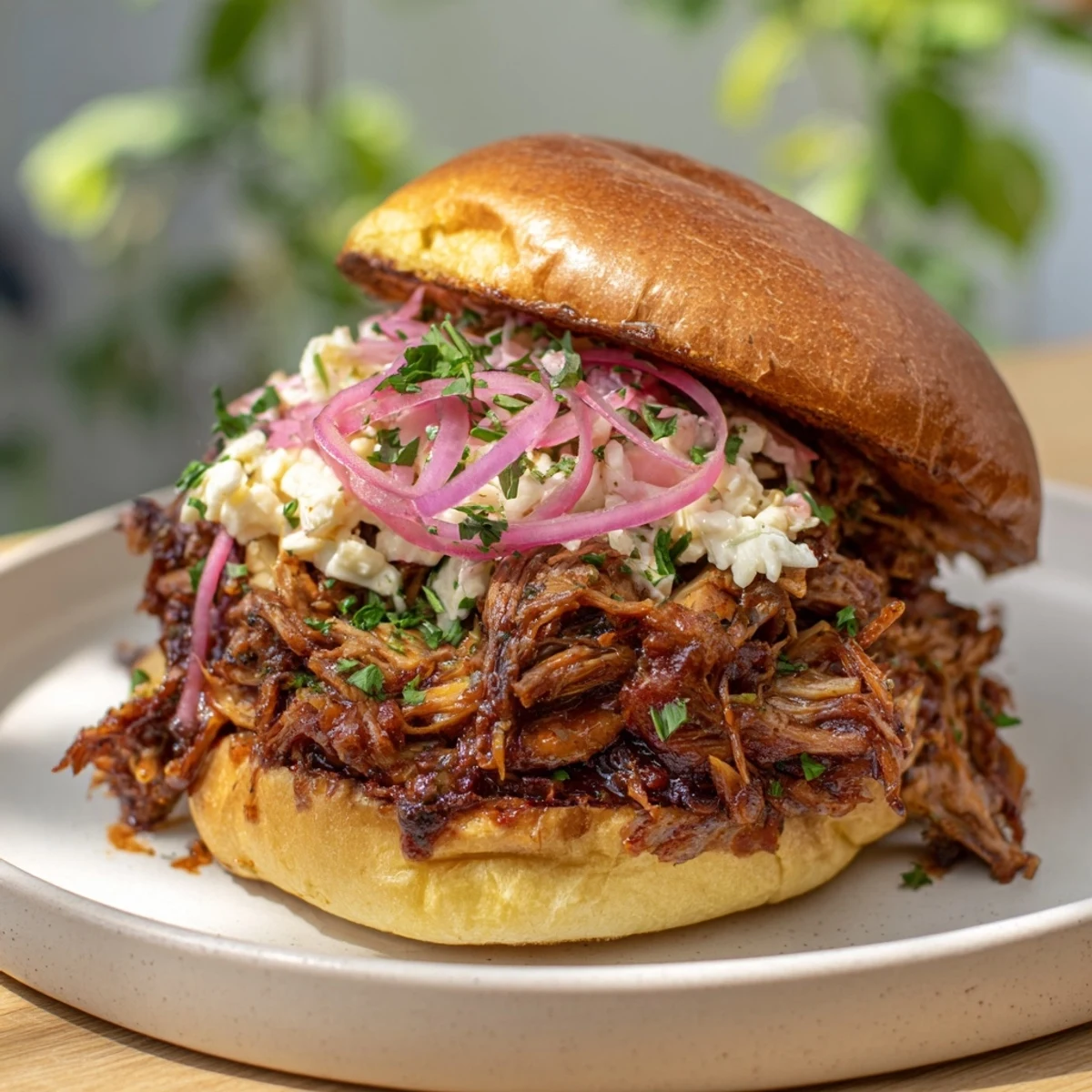 A close-up of tender, fire-kissed BBQ pulled pork sandwiches, glistening with savory sauce, perfect for a feast.