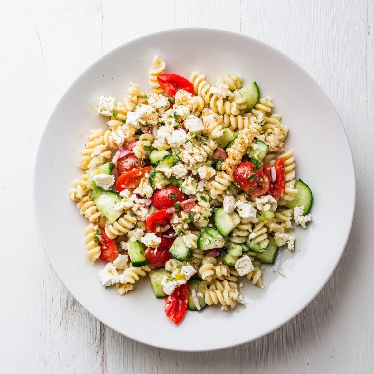 Freshly tossed Mediterranean Olive Oil and Feta Pasta Salad, ready to enjoy with a zesty vinaigrette.