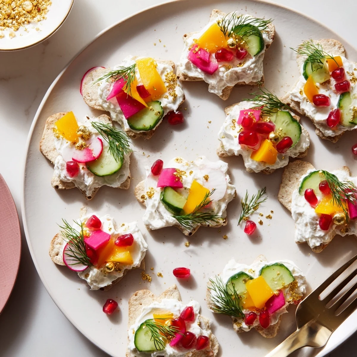 Ornament Shaped Cracker Toppings arranged festively, featuring colorful peppers and creamy toppings on holiday-shaped crackers.