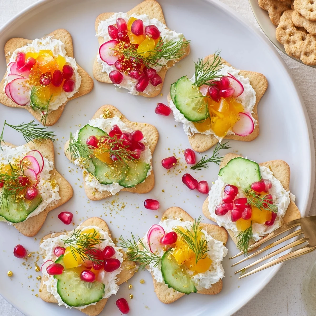 Vibrant, delicious Ornament Shaped Cracker Toppings, a light appetizer with fresh herbs, ready for a party.