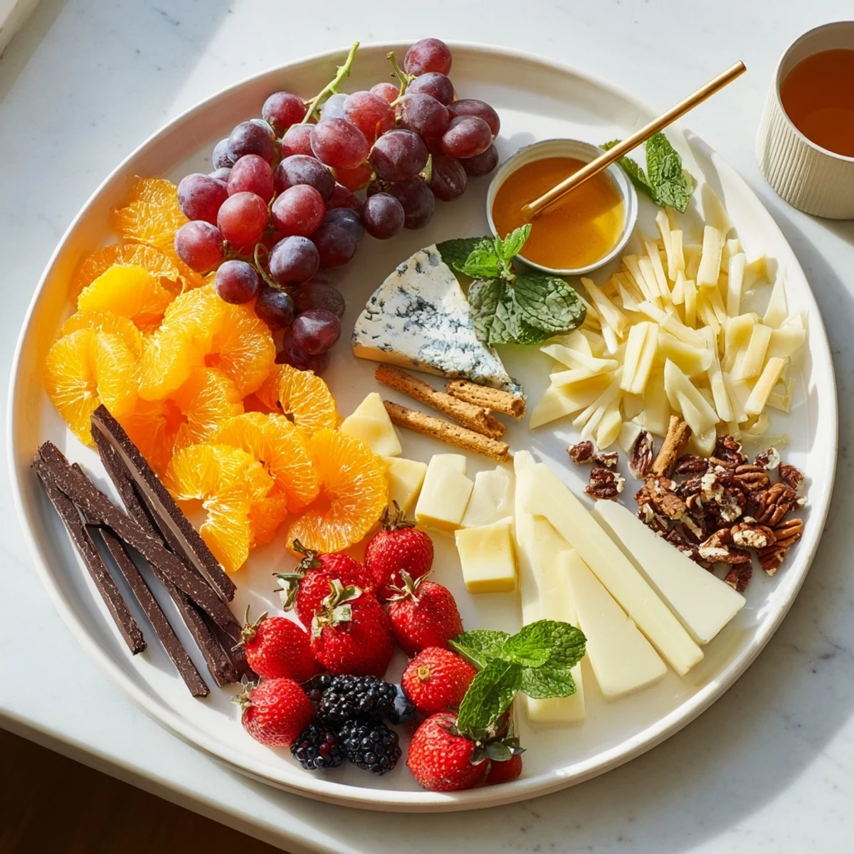 Vibrant Grapes of Fortune dessert board with assorted cheeses, chocolates, and fresh grapes for luck.