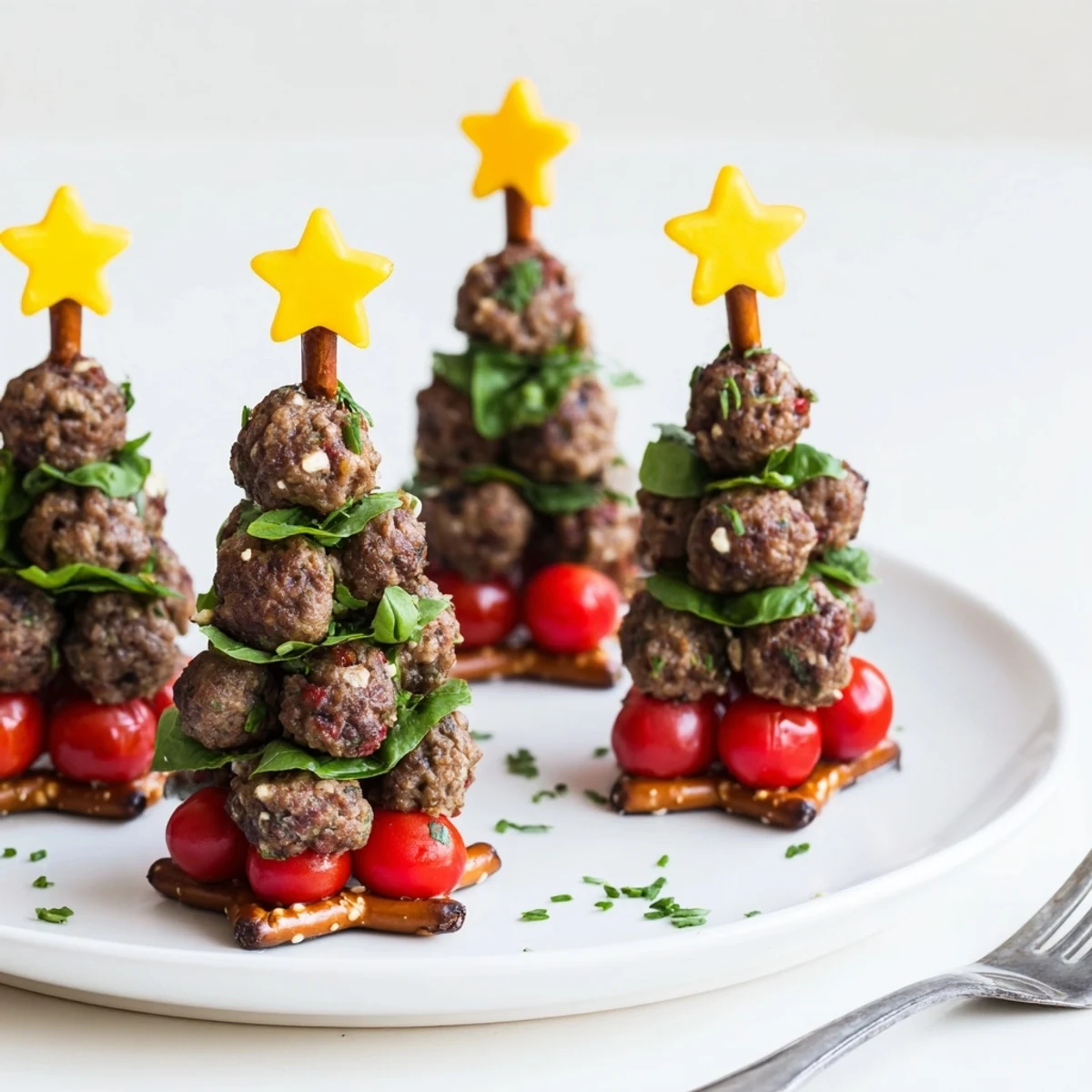 Savory Mini Meatball Christmas Trees, festive and stacked high with cherry tomatoes, basil, and cheese.