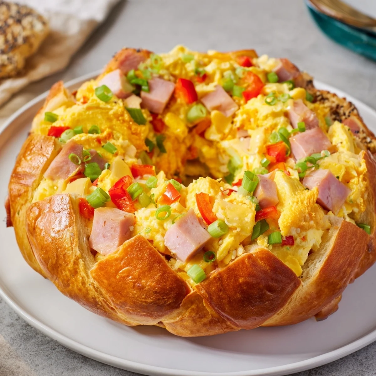 Golden-brown wreath-shaped egg and ham bake, filled with cheesy goodness, ready for brunch.