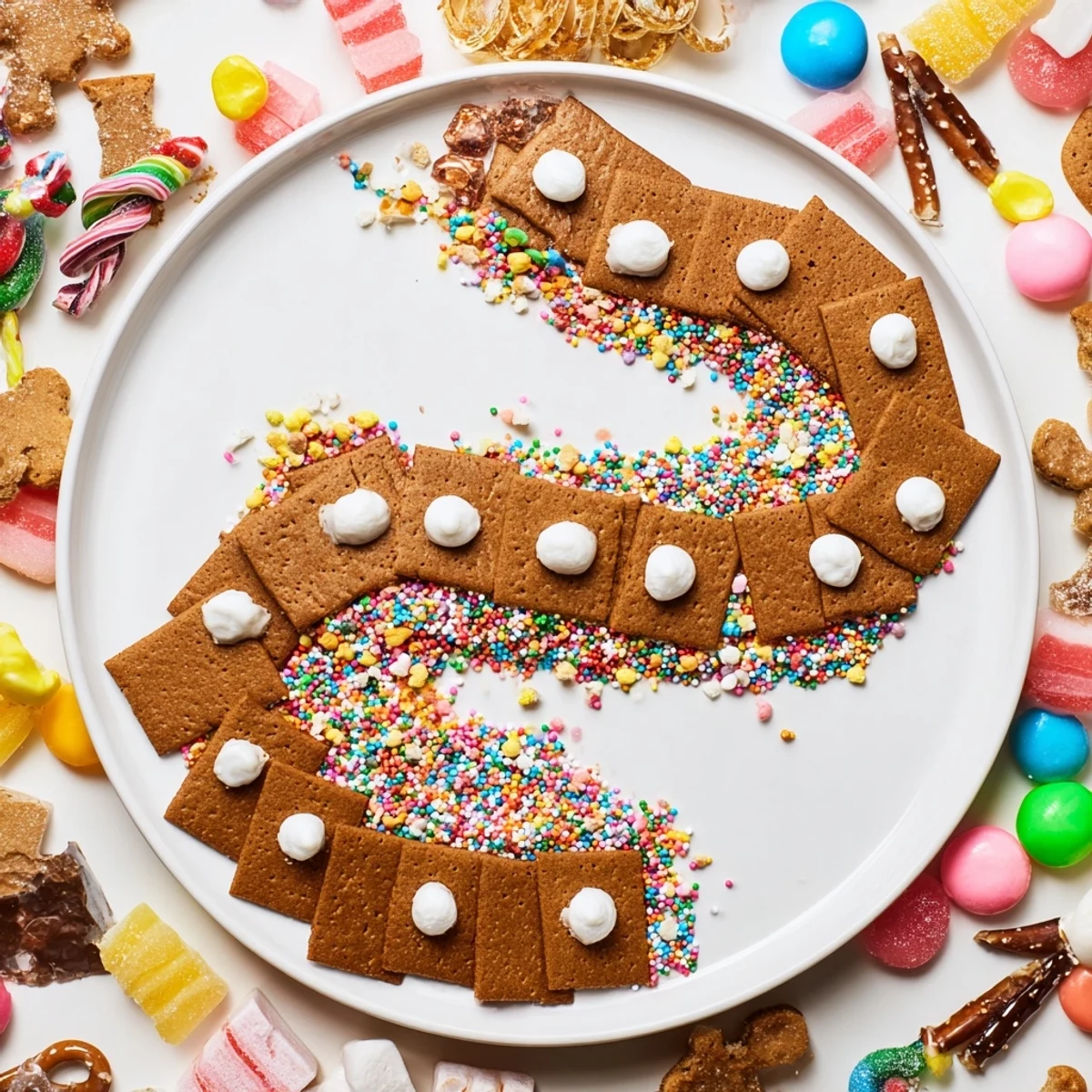 Candy Land Gingerbread Path dessert board shows a festive scene with gingerbread paths and colorful candies.