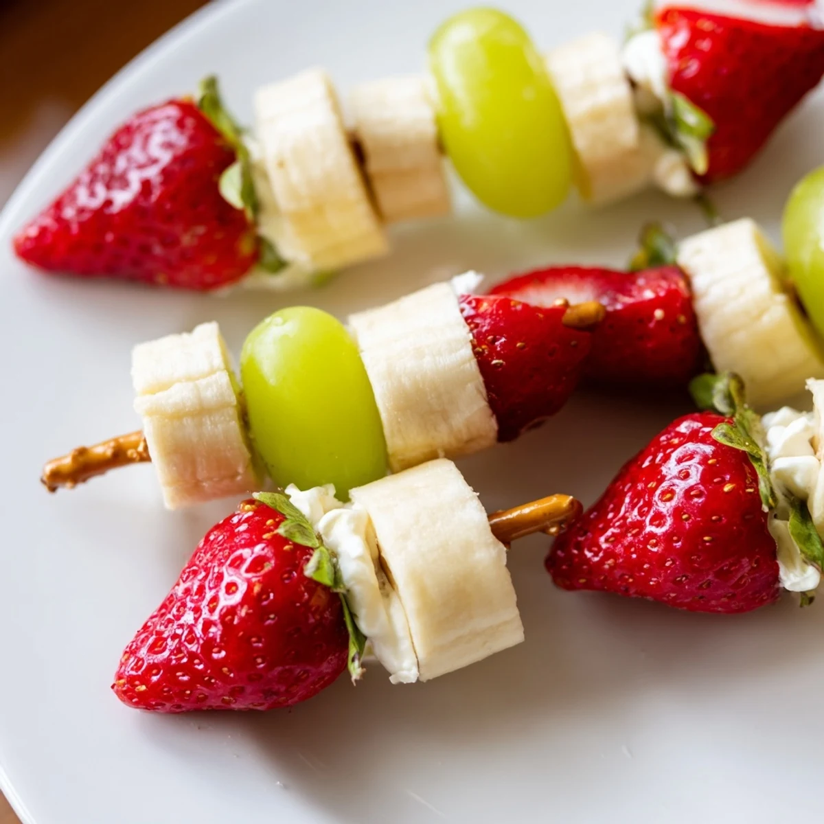 Vibrant Elf Hat Strawberry Skewers with red strawberries, banana hats, and green pom-poms for a joyful snack.