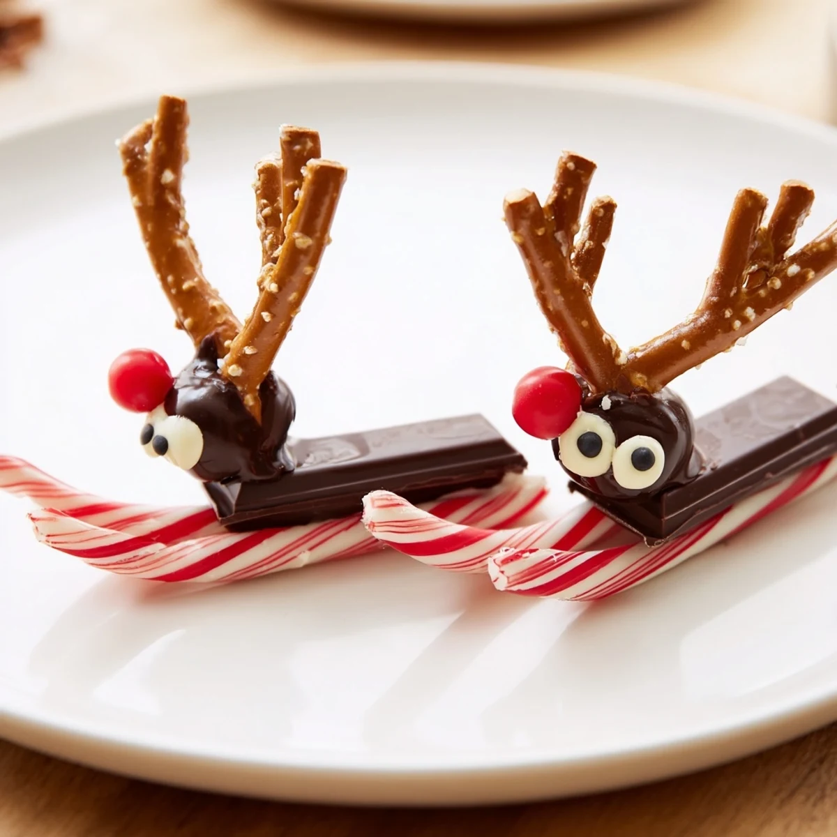 Festive Rudolph Candy Cane Sleds, a sweet, no-bake holiday treat, detailed with candy eyes and red nose.