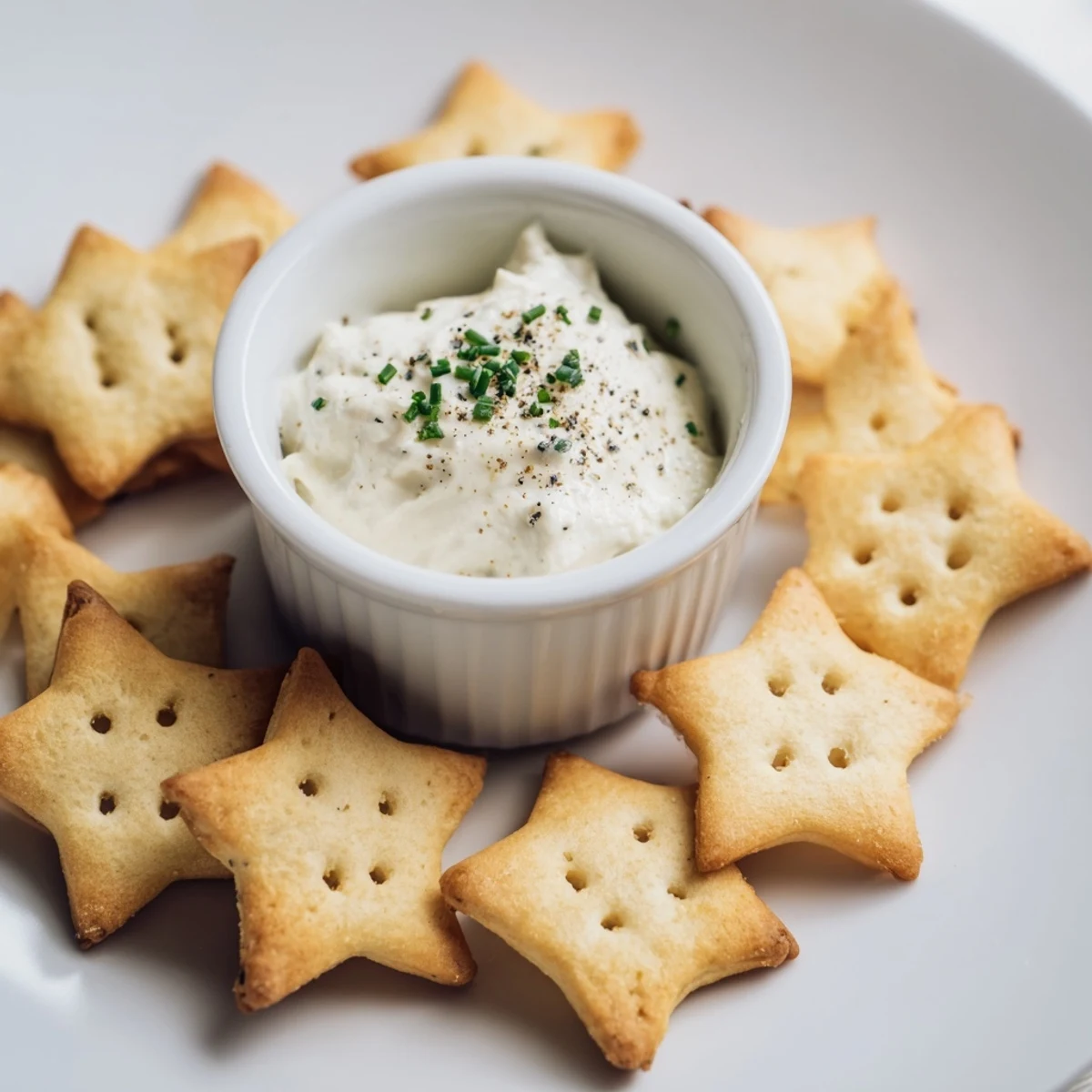 Golden, star-shaped Holiday Crackers arranged around a creamy, herb-flecked dip for holiday snacking.