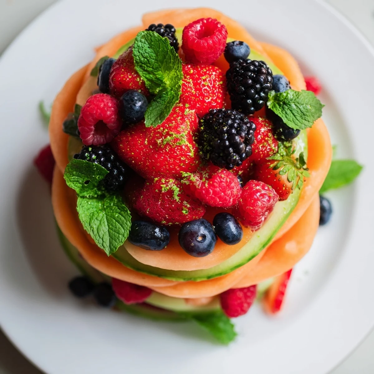 Vibrantly layered fruit platter: Refreshing melon circles and berries, a simple summer appetizer.