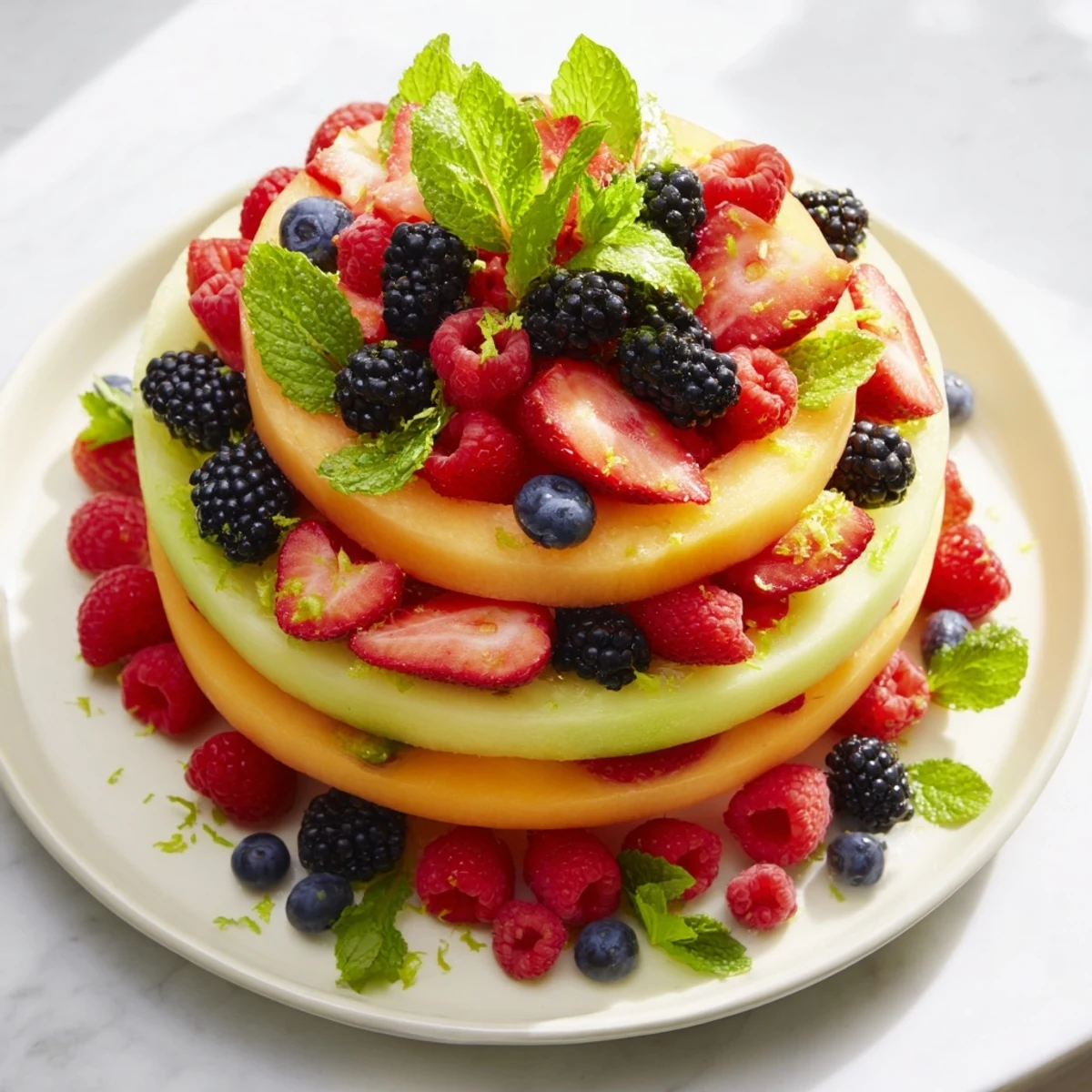 Beautiful fruit platter featuring bright, concentric circles of melon and vibrant mixed berries ready to enjoy.