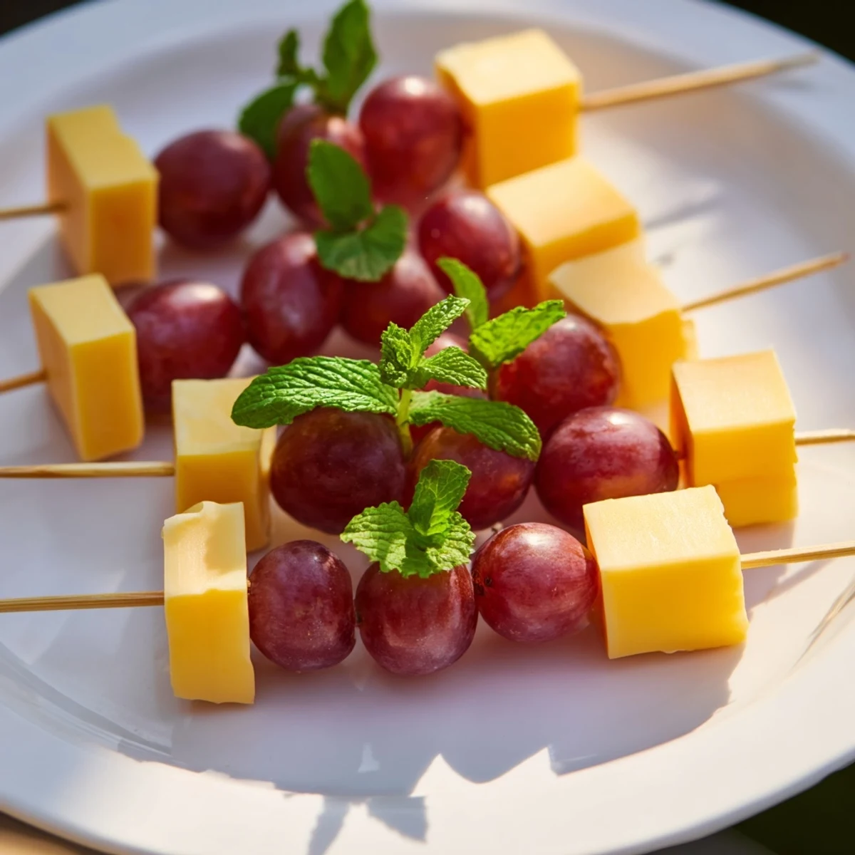 Cheese and grape skewers arranged beautifully on a platter, ready to grab for snacking.