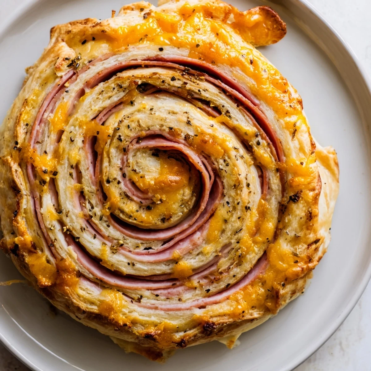 Melted cheese oozes from warm, flaky Ham and Cheese Pinwheel Rolls, ideal for a quick snack.