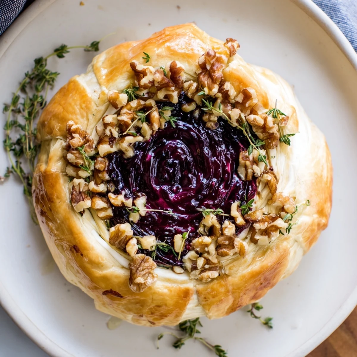 Golden-brown baked Brie with fig jam, a warm, gooey appetizer ready to serve with crackers.