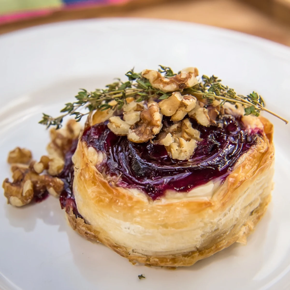 Delicious baked Brie with fig jam, perfectly presented with an assortment of crackers for dipping.
