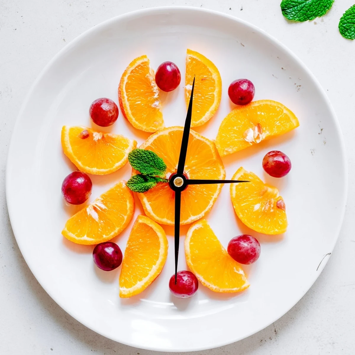 Juicy orange slices and sweet grapes create a cheerful Grape and Orange Slice Clock Face for brunch.