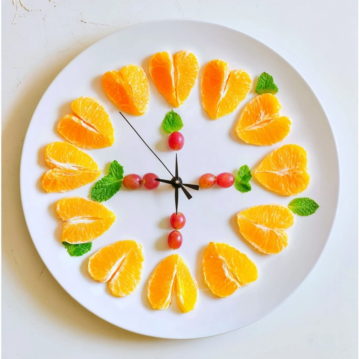 Vibrant Grape and Orange Slice Clock Face formation: fresh oranges and green grapes artfully arranged for a healthy snack.