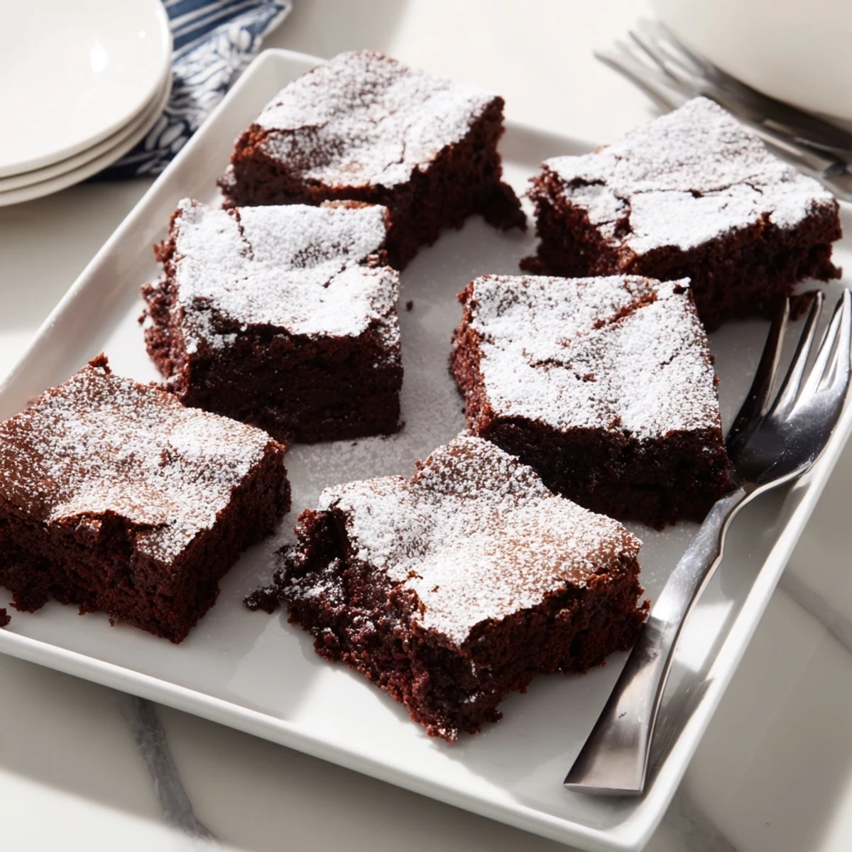 Fudgy, rich brownie squares, dusted with powdered sugar, ready for serving or enjoying.