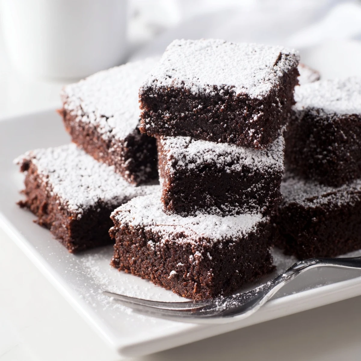 Homemade brownie squares, baked until perfect, and sprinkled with powdered sugar for extra sweetness.