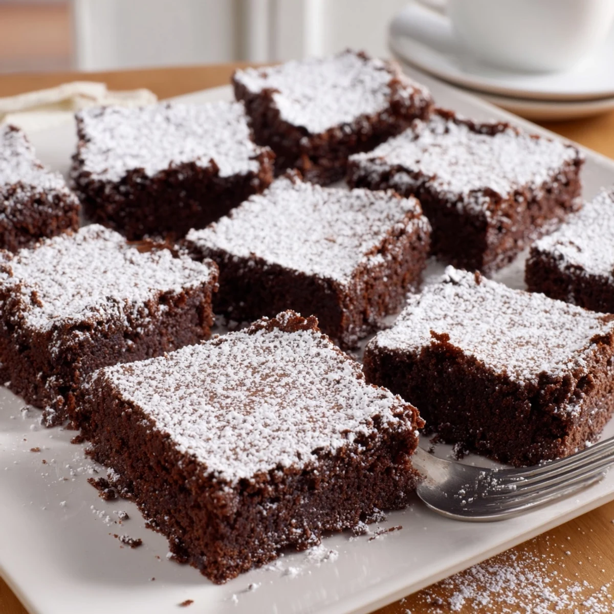 Warm brownie squares, delicious American dessert, with a light dusting of powdered sugar.