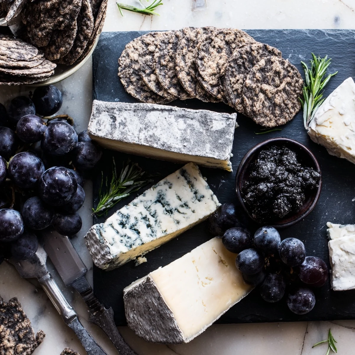 Elegant Monochrome Gray Stone Cheese Board, complete with rich cheese, crackers, and fruits for a stunning appetizer.
