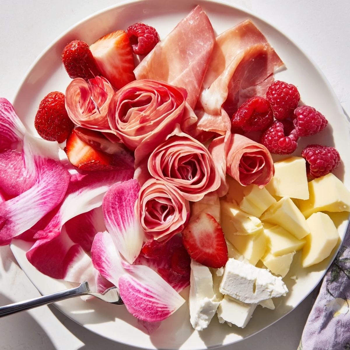 A stunning Pink Petal Watercolor Wash showcases artfully layered charcuterie, cheeses, and vibrant, colorful vegetables.